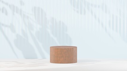 Display product stand, Dark wood cylinder podium on light blue background with nature light shadow. 3D rendering illustration