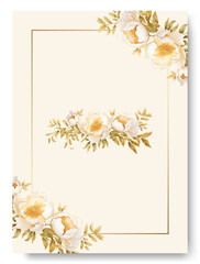 Corner of white peony flower arrangement on wedding invitation background.