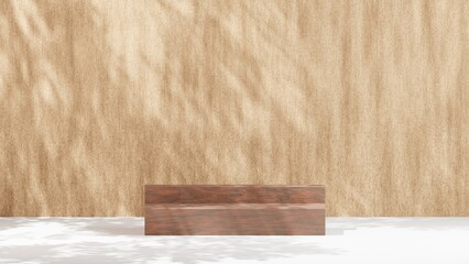 Display product stand, wood block step podium on light wood background with nature light shadow. 3D rendering illustration
