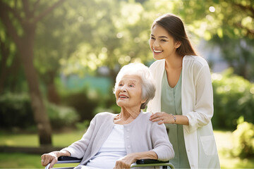 happiness elderly woman with young beautiful nurse in a wheel chair