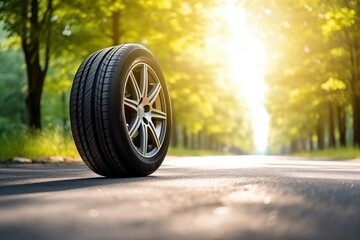 Summer tires on an asphalt road under the sun
