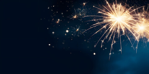 Obraz premium Happy New Year Celebration Sparkles Banner, space for text,Fireworks colorful explosions , festive background , New Years Eve or Independence Day 