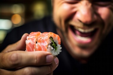 An individual savoring a bite of sushi