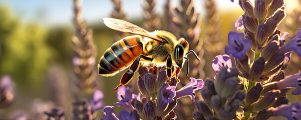 The bee (Apis mellifera) collects nectar from lavender. Banner photo. generative ai - obrazy, fototapety, plakaty