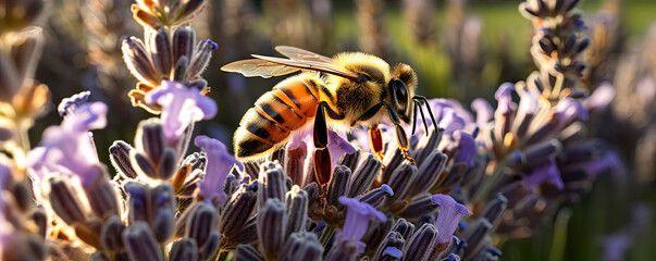 The bee (Apis mellifera) collects nectar from lavender. Banner photo. generative ai - obrazy, fototapety, plakaty