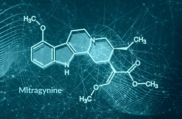 Mitragynine molecule. It is the herbal alkaloid with opiate-like properties produced by plant Mitragyna speciosa Korth, kratom. Structural chemical formula