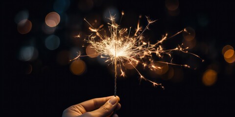 Close-up film photo capturing the mesmerizing glow of a sparkler against a deep black background, showcasing its vibrant light and intricate details