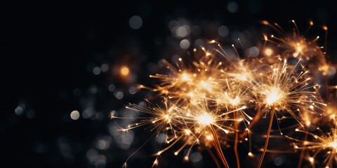 Fototapeta premium Close-up film photo capturing the mesmerizing glow of a sparkler against a deep black background, showcasing its vibrant light and intricate details