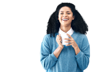 Portrait, business and woman with a coffee, smile and employee isolated on a transparent background. Face, person and creative director with a cup of tea, latte and espresso with confidence and png