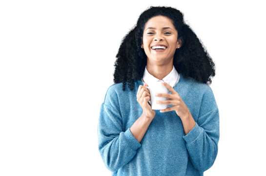 Portrait, business and woman with a coffee, smile and employee isolated on a transparent background. Face, person and creative director with a cup of tea, latte and espresso with confidence and png