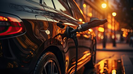 Electric car charging station in a large modern city. The electric car is charged with a fast charger inserted into the car's tank. Environmentally friendly transport and green energy