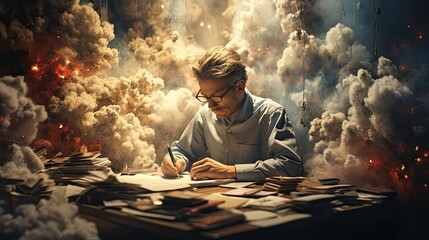 Abstract illustration of a man working on important papers and documents in smoke and explosion. The concept of stress resistance and workaholism - obrazy, fototapety, plakaty