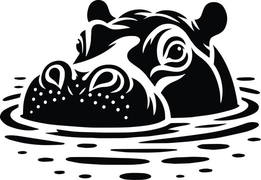 Hippo In Water Partially Submerged Vector Logo Art