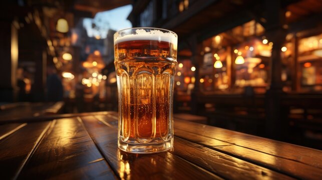 Delicious refreshing cold foamy light lager beer in a glass on the table at the bar