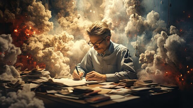 Abstract illustration of a man working on important papers and documents in smoke and explosion. The concept of stress resistance and workaholism