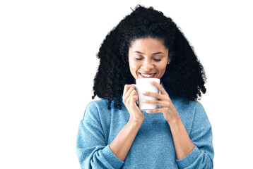 Fototapeta na wymiar Tea, smile and relax with a young black woman isolated on a transparent background to drink a warm beverage. Coffee, fresh and a happy young person drinking caffeine from a mug or cup on PNG