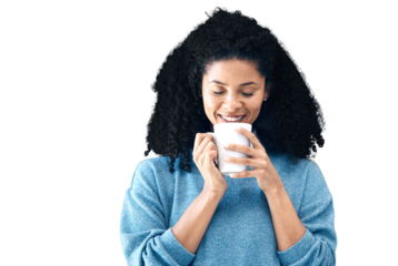 Tea, smile and relax with a young black woman isolated on a transparent background to drink a warm beverage. Coffee, fresh and a happy young person drinking caffeine from a mug or cup on PNG