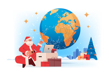 Fototapeta na wymiar santa claus in red costume sitting near world map and gift boxes using laptop happy new year merry christmas holidays celebration