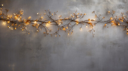 Overhead Flat Lay View of Branched, Golden Christmas Garland on Bright Silver and Gray Background with Vintage Texture and Copy Space - Twinkle Lights on Twigs and Gold Holiday Glow - Xmas Decorations