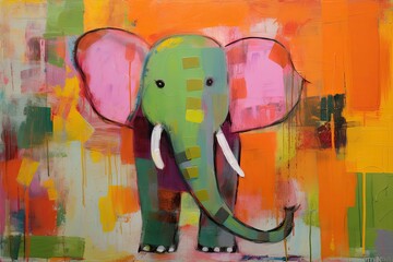 Paintinh of an elephant with green body and pink ears