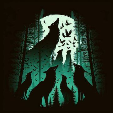 AI generated illustration of Wolves in a forest with the moon in the bakground