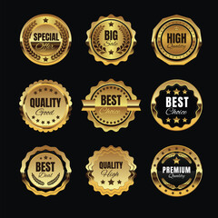Realistic Premium Luxury Golden Circle Collection Best Choice Badge Icon Label Design. Big Sale Seal Stamps Banner. Golden Certificate Special Offer for Marketing Business Template.