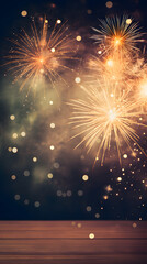 Obraz premium Happy New Year Celebration Sparkles Banner, space for text,Fireworks colorful explosions , festive background , New Years Eve or Independence Day 