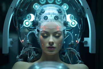 Future Cosmetic Surgery: Woman in Futuristic Device