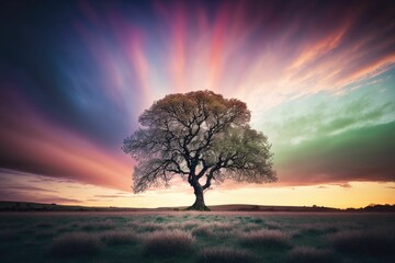 AI generated illustration of a tree in a field with a colorful sky in the background