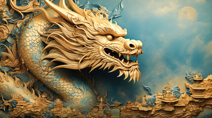 Symbol of Chinese New Year 2024 Majestic Blue Dragon. Traditional Asian zodiac sign according to eastern lunar calendar - obrazy, fototapety, plakaty