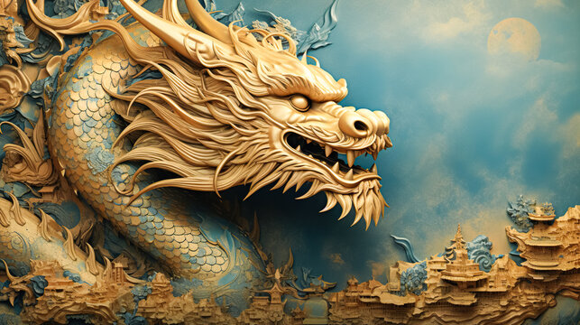 Symbol of Chinese New Year 2024 Majestic Blue Dragon. Traditional Asian zodiac sign according to eastern lunar calendar