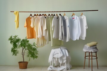 Colorful shirts in hangers drying clothes hang on furniture shelves on wall.
