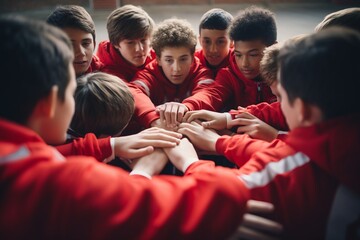 Teenage boy high school football team connecting hands in huddle
