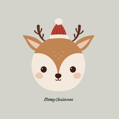 Cute Christmas card with cartoon deer. Funny greeting with a festive character. Hand drawn cute fawn in a Santa hat. Perfect for postcards, flashcards, social networks. Kids print