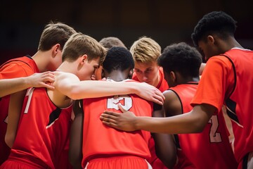 High school basketball team with teenage boys holding hands in a huddle