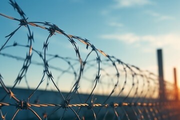 Fence with barbed wire in front of great blue sky - concept for freedom, liberty or prison