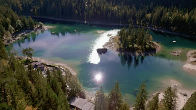 Lake Cauma in Graub&uuml;nden Switzerland in fall. End of the swimming season. Aerial Shot