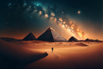 AI generated illustration of a traveler walking towards the pyramids under the cloudy sky