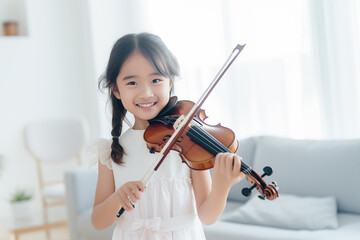 little girl having fun standing playing violin on blured white livingroom background - obrazy, fototapety, plakaty