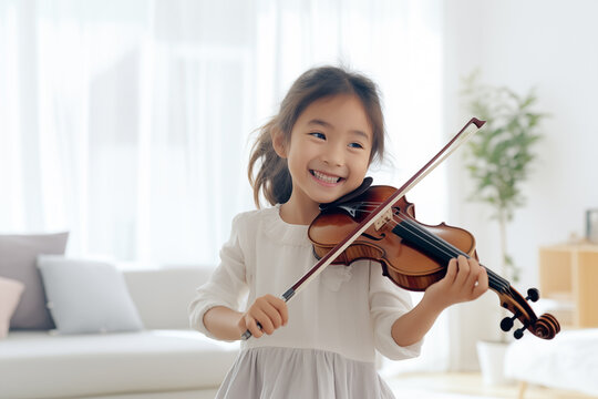 little girl having fun standing playing violin on blured white livingroom background