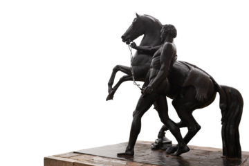 A horse and an ancient sculpture in the natural-historical park Kuzminki-Lyublino, South-Eastern Administrative Okrug of the Moscow, Russia. Monument highlighted on a transparent background