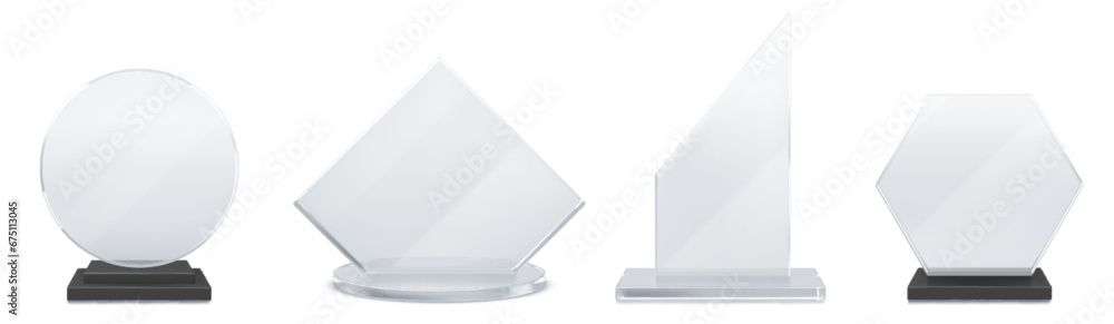 Poster glass transparent trophy mockup with empty acrylic shape on base. realistic vector set of round, rho