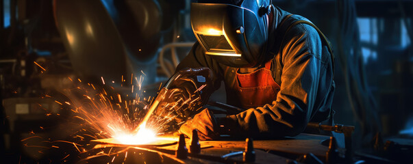 Metal welder working with arc welding machine to weld steel at factory. generative ai - obrazy, fototapety, plakaty