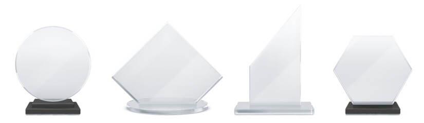 Glass transparent trophy mockup with empty acrylic shape on base. Realistic vector set of round, rhombus and hexagon plexiglass award for sport competition winner or business achievement prize.
