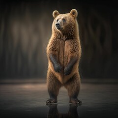 AI generated illustration of a big brown bear standing on one leg with its paws on a dark surface