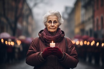 Independence Day in Latvia. 18 November. People on the street with Latvian flags. People are marching with candles in their hands