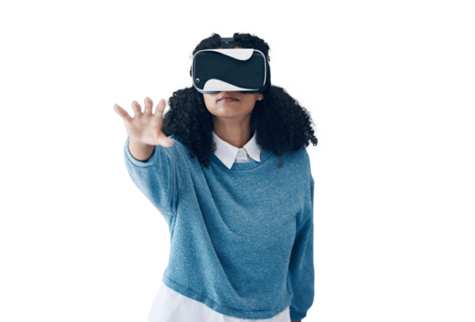 Woman, virtual reality glasses and metaverse with digital app, internet and futuristic gaming isolated on a transparent background. Person, model and girl with VR headset, tech or png with connection