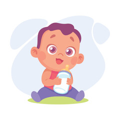 Baby Little Boy with Cute Face Drink Milk from Bottle Vector Illustration