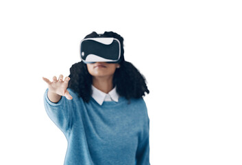 Woman, virtual reality glasses and metaverse with digital experience, 3d flying game and futuristic gaming isolated on transparent background. Person, model and girl with VR headset, tech or png with
