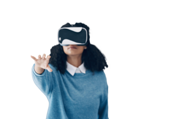 Woman, virtual reality glasses and metaverse with digital experience, 3d flying game and futuristic gaming isolated on transparent background. Person, model and girl with VR headset, tech or png with